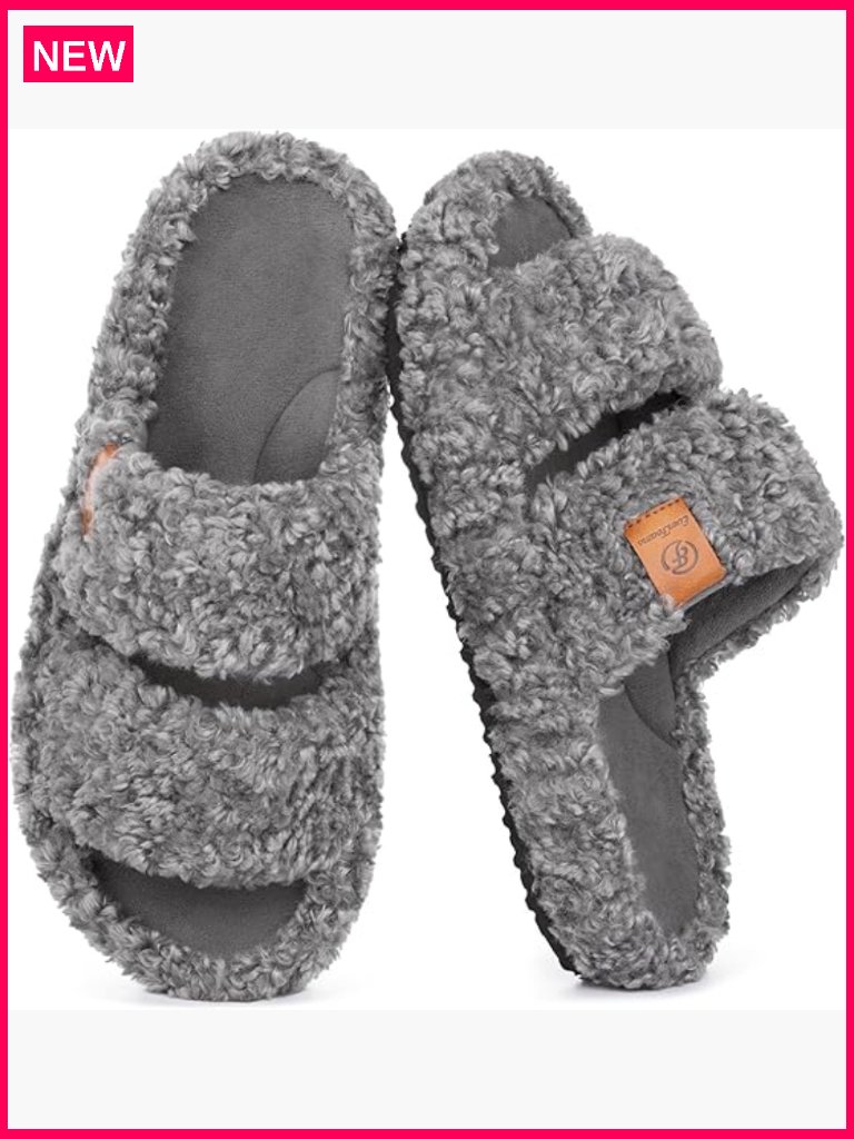 Faux Fur Open Toe Slippers With Memory Foam Non-Slip Sole